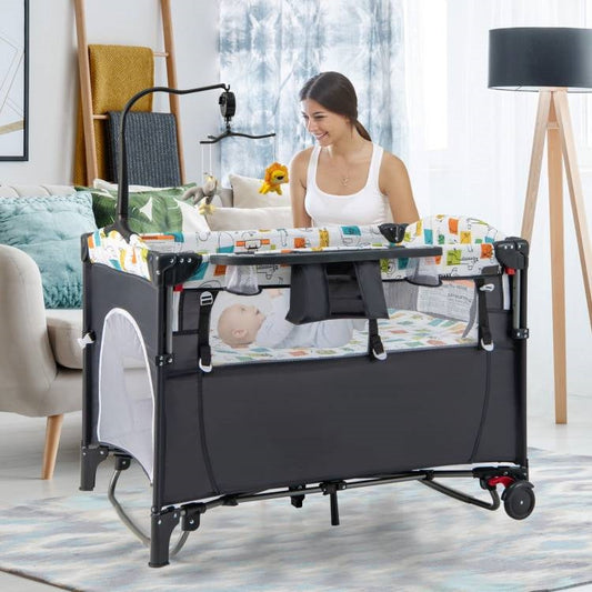 Grey Foldable Baby/Toddler Playpen Bassinet Bed Crib Music Box